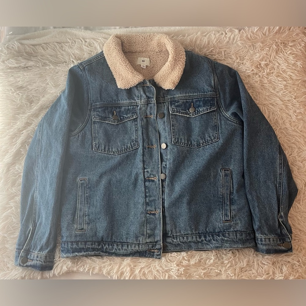 BP NORDSTROM Denim Oversize Trucker Jacket Women's S Faux Shearling Collar
